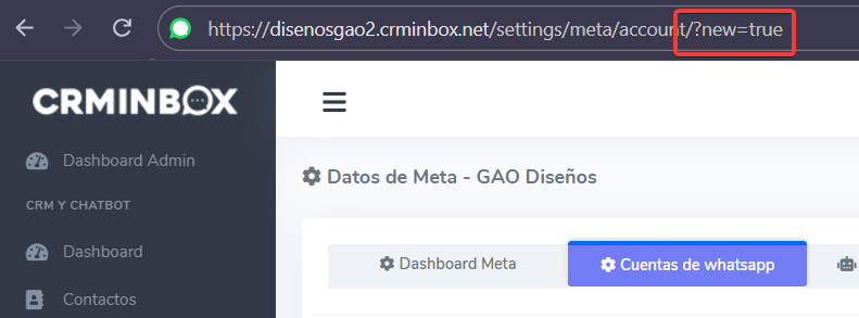 Extensión new true agregada al final de la URL de configuración de CRMInbox