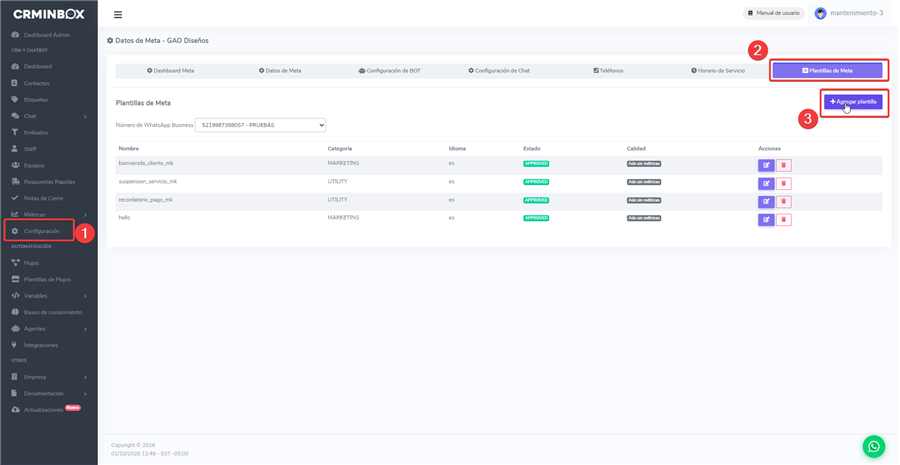 Ruta Configuración, Plantillas de Meta y botón Agregar plantilla en CRMInbox