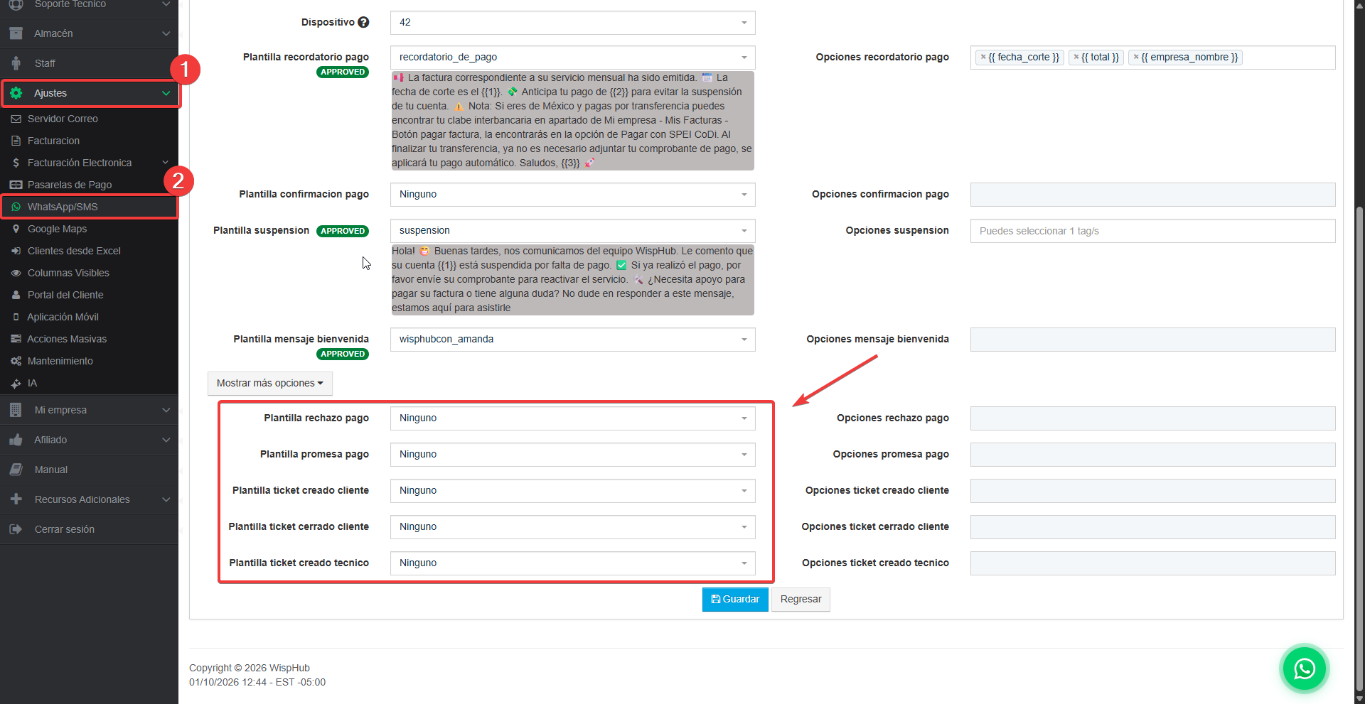 Opciones adicionales de plantillas de Meta en WispHub