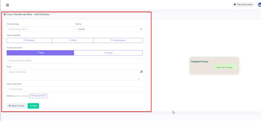 Formulario para crear y guardar una plantilla de Meta en CRMInbox