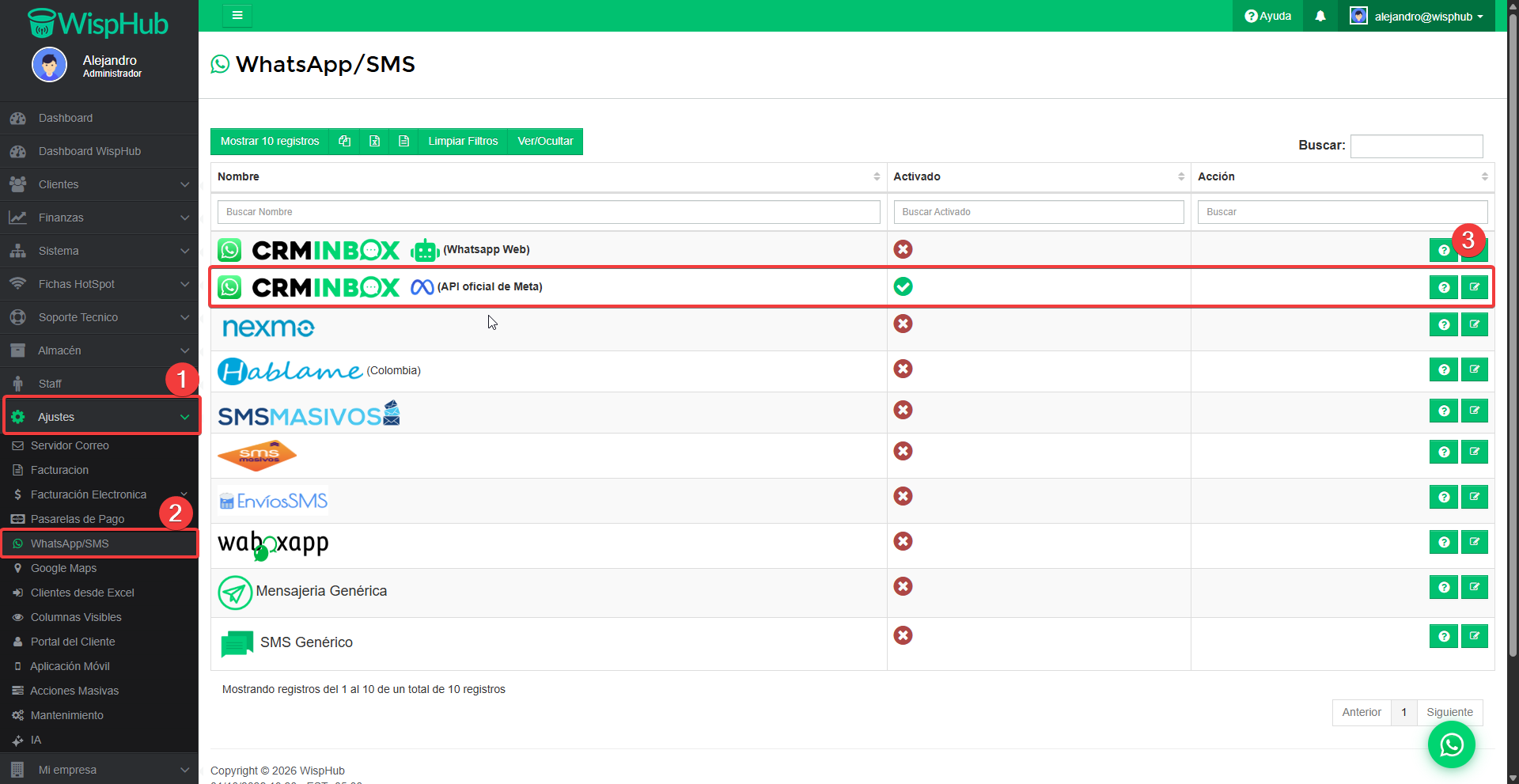 Ruta Ajustes, WhatsApp/SMS y botón Editar de CRMInbox API oficial de Meta en WispHub