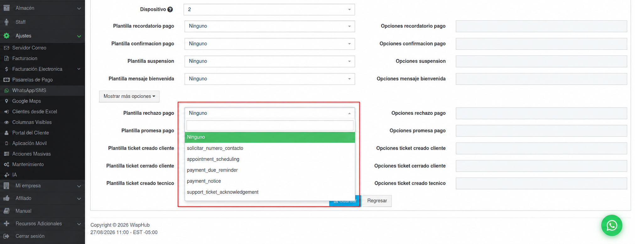 Selector de plantillas disponibles para las opciones adicionales de WispHub