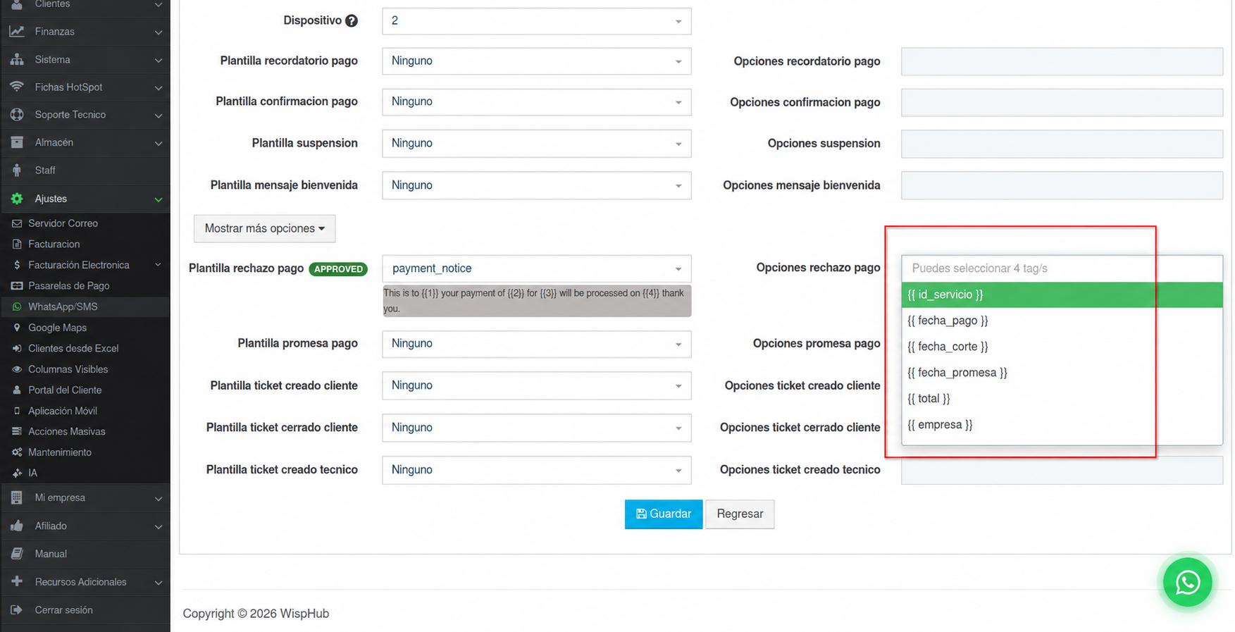 Lista de tags disponibles para completar las variables de una plantilla en WispHub