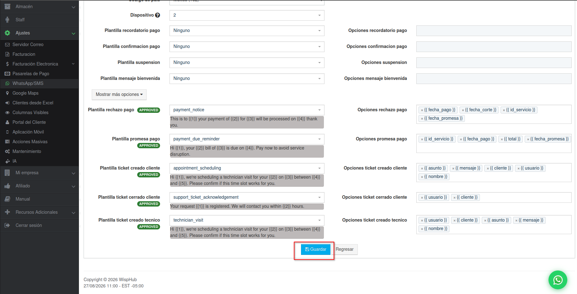 Botón Guardar después de configurar las plantillas y sus opciones en WispHub