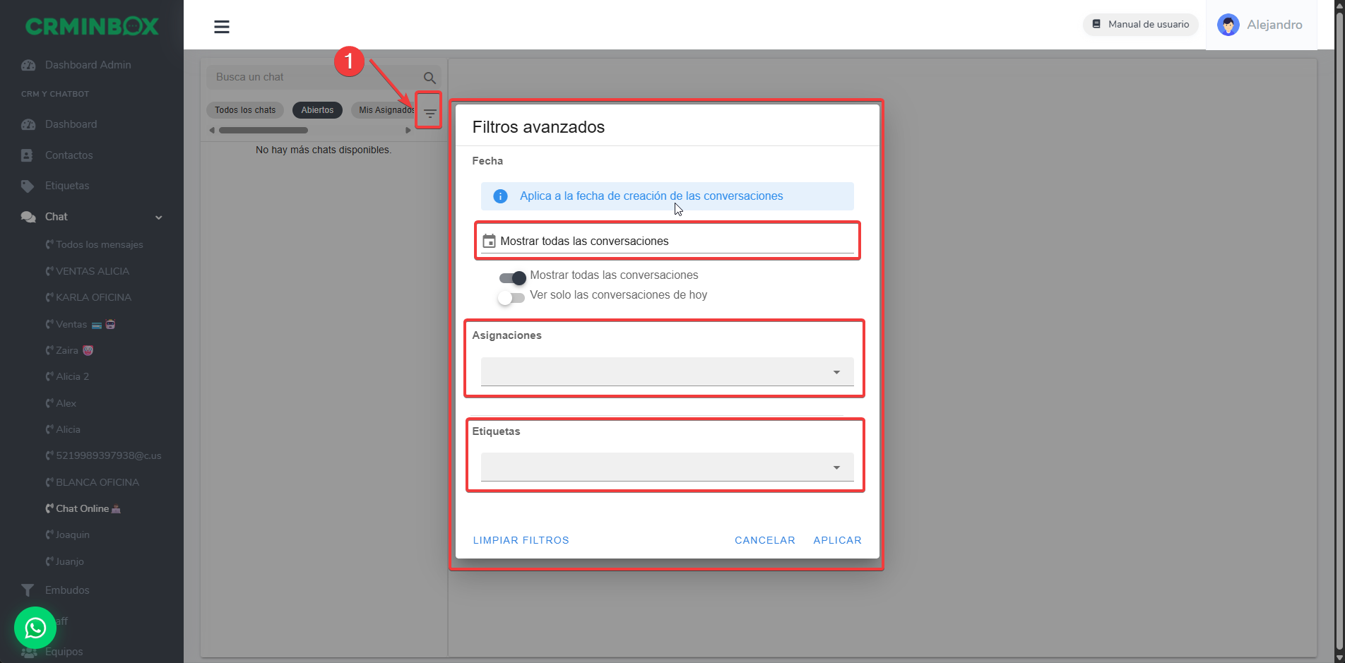 Panel de Filtros avanzados: Fecha, Asignaciones y Etiquetas