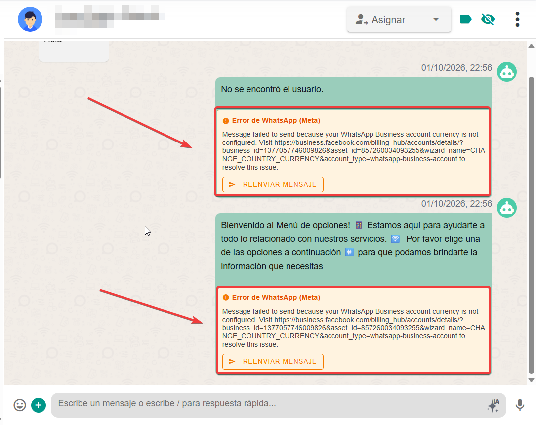 Error de WhatsApp (Meta) en el chat: la divisa de la cuenta de WhatsApp Business no está configurada
