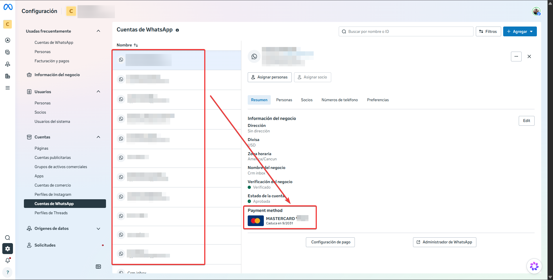 Cuentas de WhatsApp en el portafolio comercial: apartado Payment method