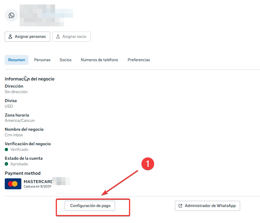 Botón Configuración de pago en la cuenta de WhatsApp