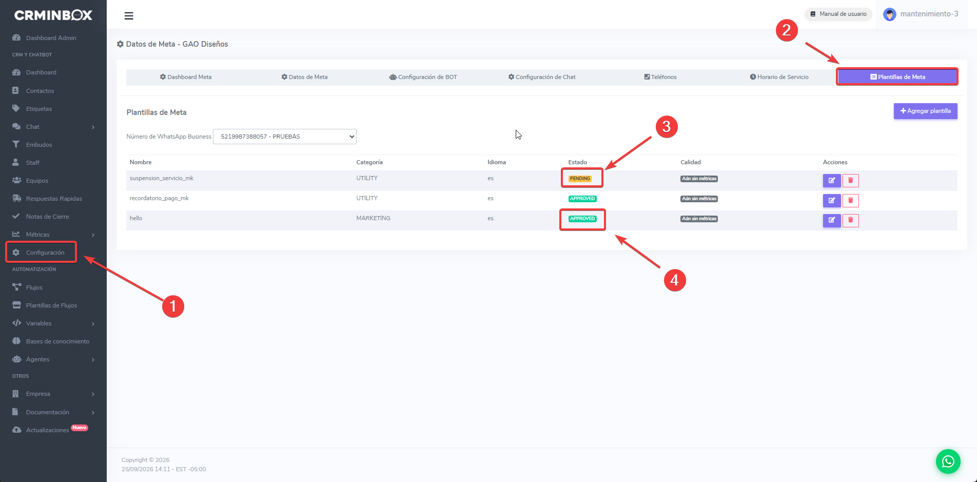 Aprobación de plantillas: Meta revisa cada plantilla. Mientras está en revisión aparece como PENDING y, al aprobarse, como APPROVED (Configuración → Plantillas de Meta).