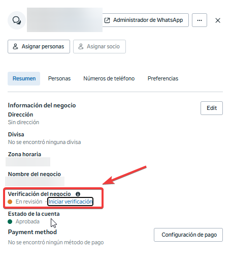 Verificación del negocio: El estado «En revisión» de la verificación depende únicamente de Meta.