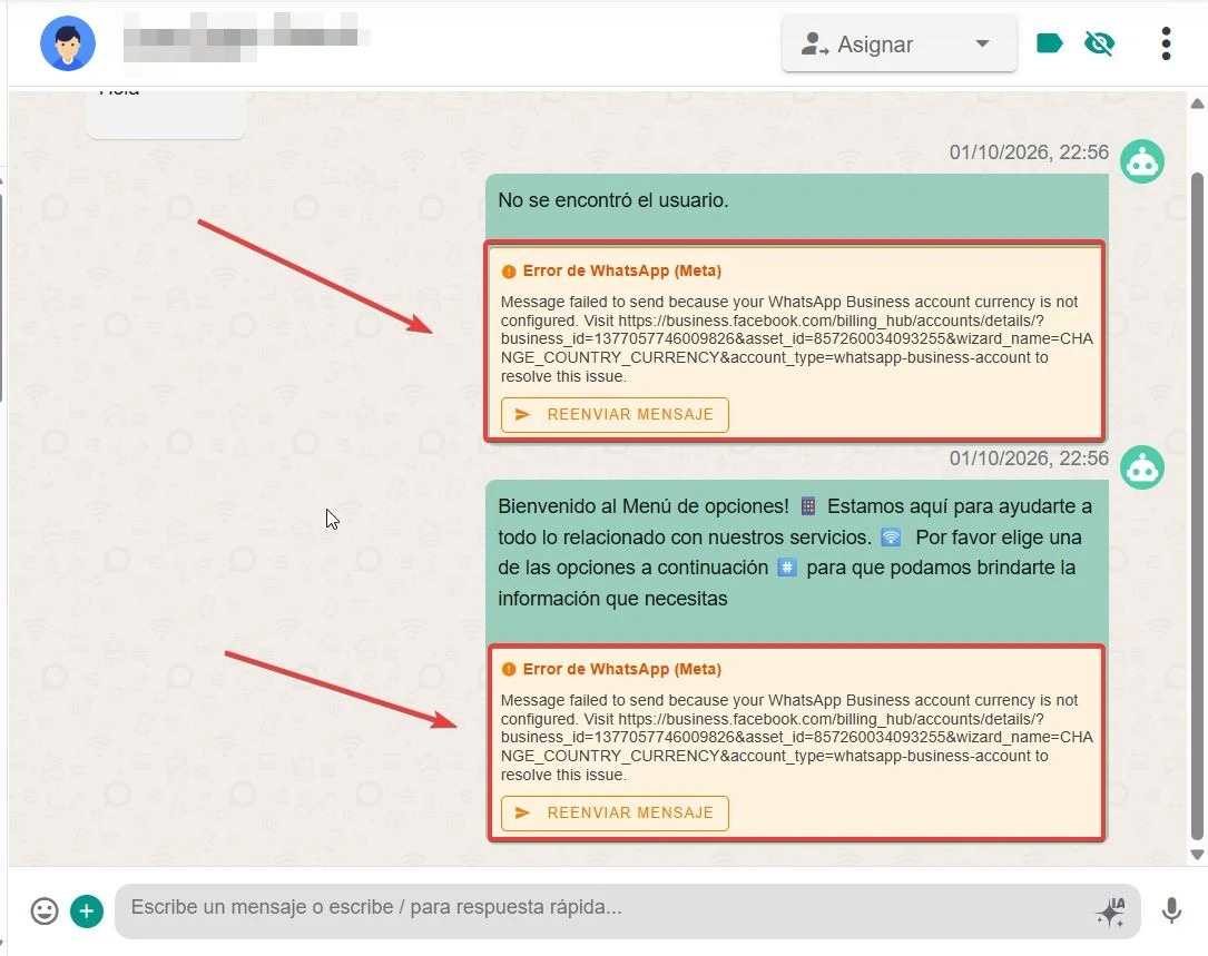 Errores enviados por Meta: Ejemplo: mensajes que no se envían porque la cuenta de WhatsApp Business no tiene configurada la divisa.