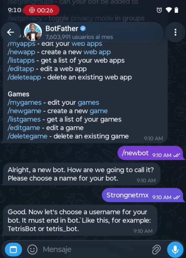 BotFather pide el nombre de usuario, que debe terminar en bot