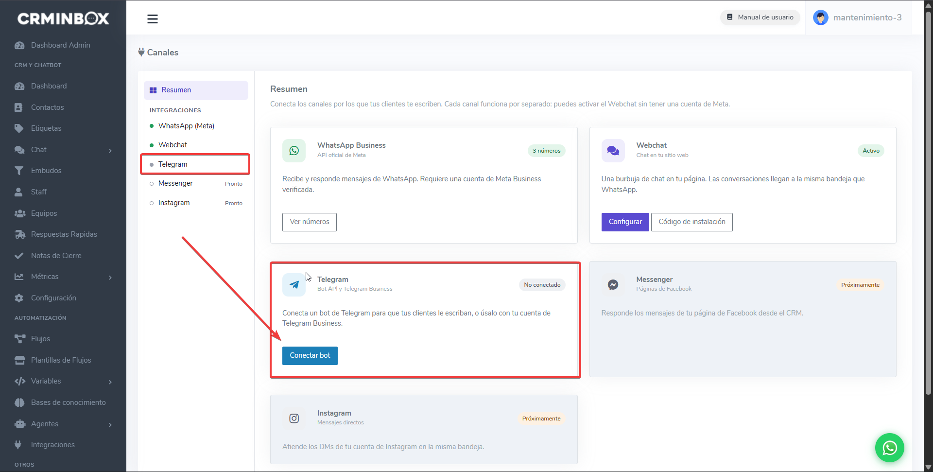 Apartado Canales de CRMInbox, con la tarjeta de Telegram y el botón Conectar bot