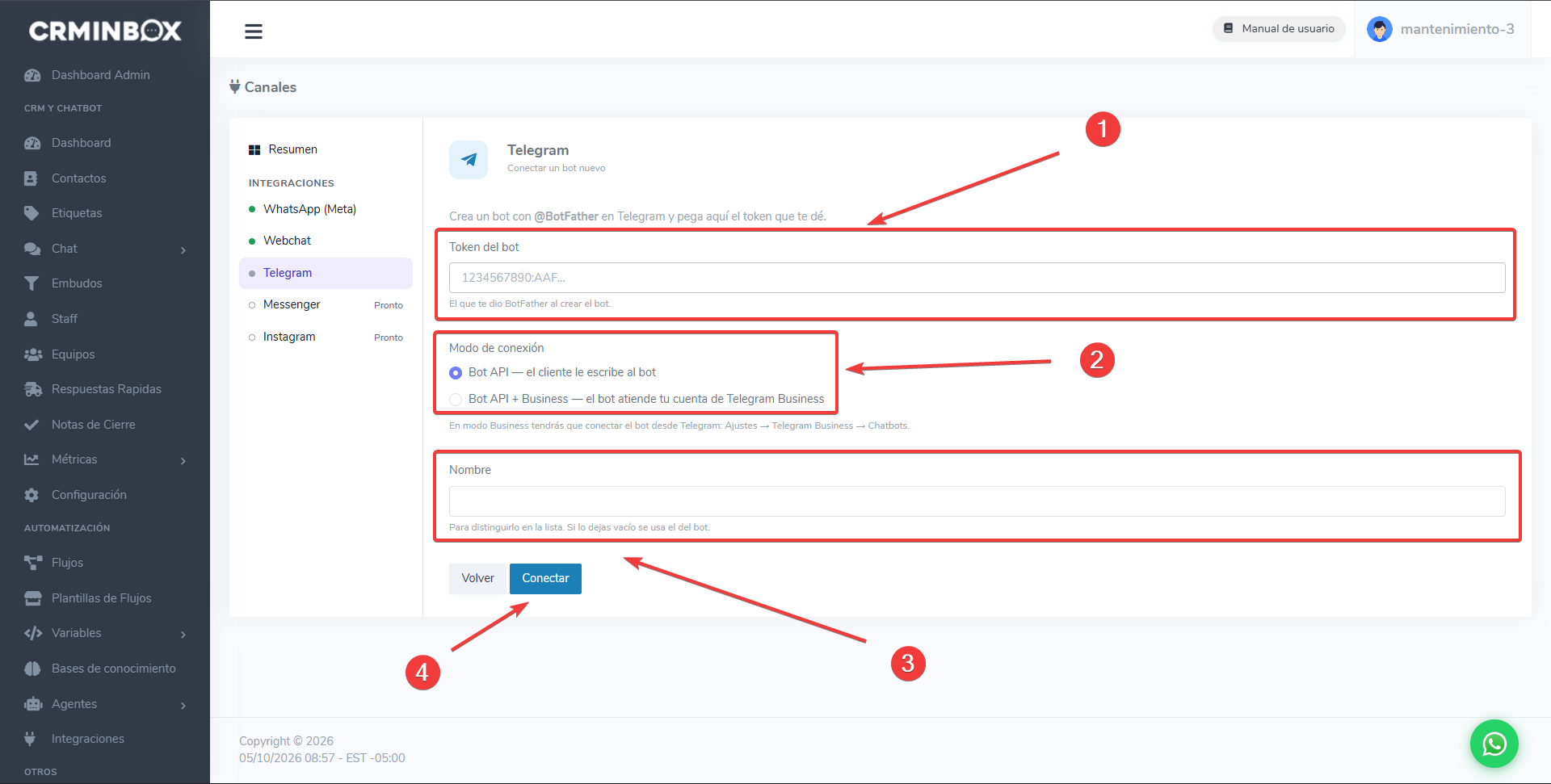 Formulario para conectar un bot de Telegram: token, modo de conexión, nombre y botón Conectar