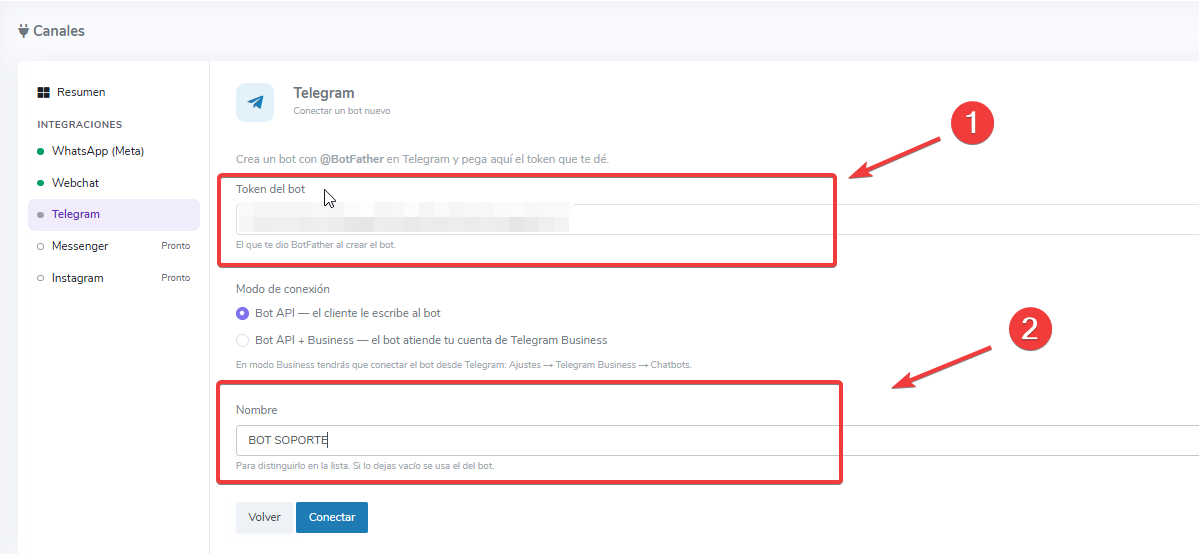 Formulario de Telegram con el token pegado y el nombre BOT SOPORTE