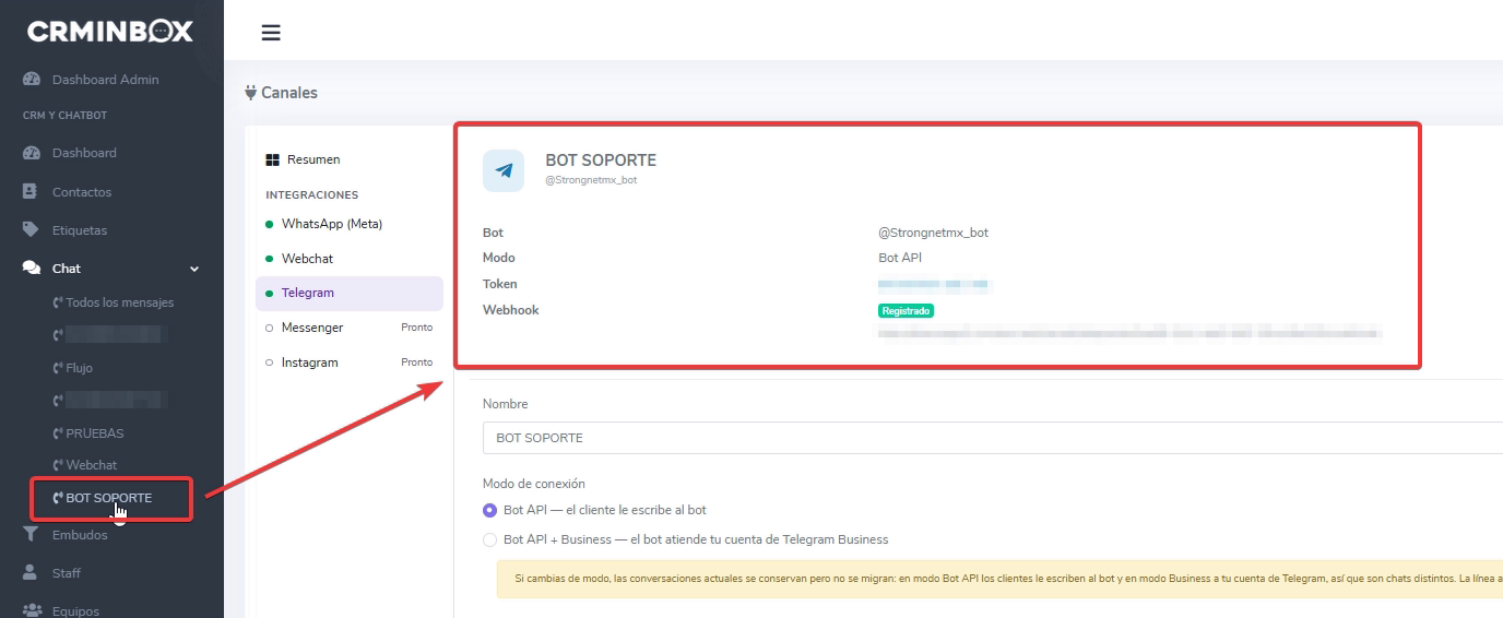 Canal de Telegram conectado: ficha del bot con webhook registrado y el nuevo apartado BOT SOPORTE dentro del menú Chat