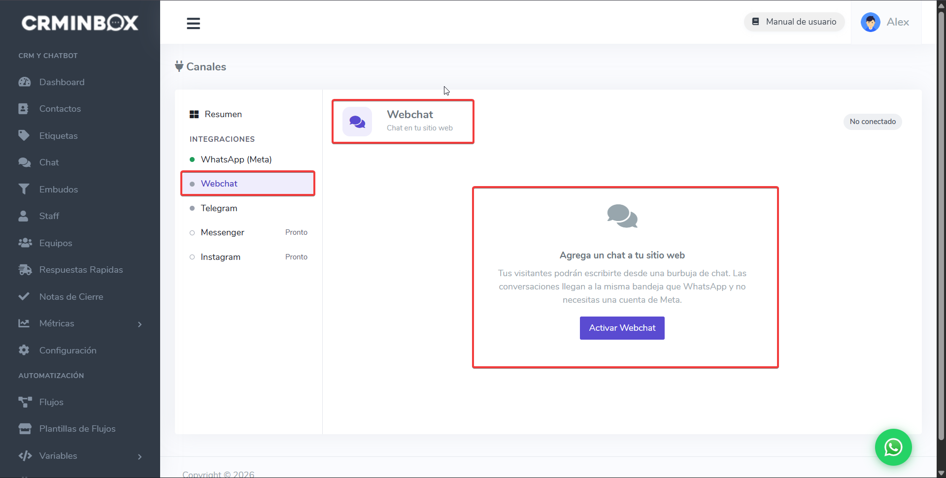 Canales, opción Webchat y botón Activar Webchat