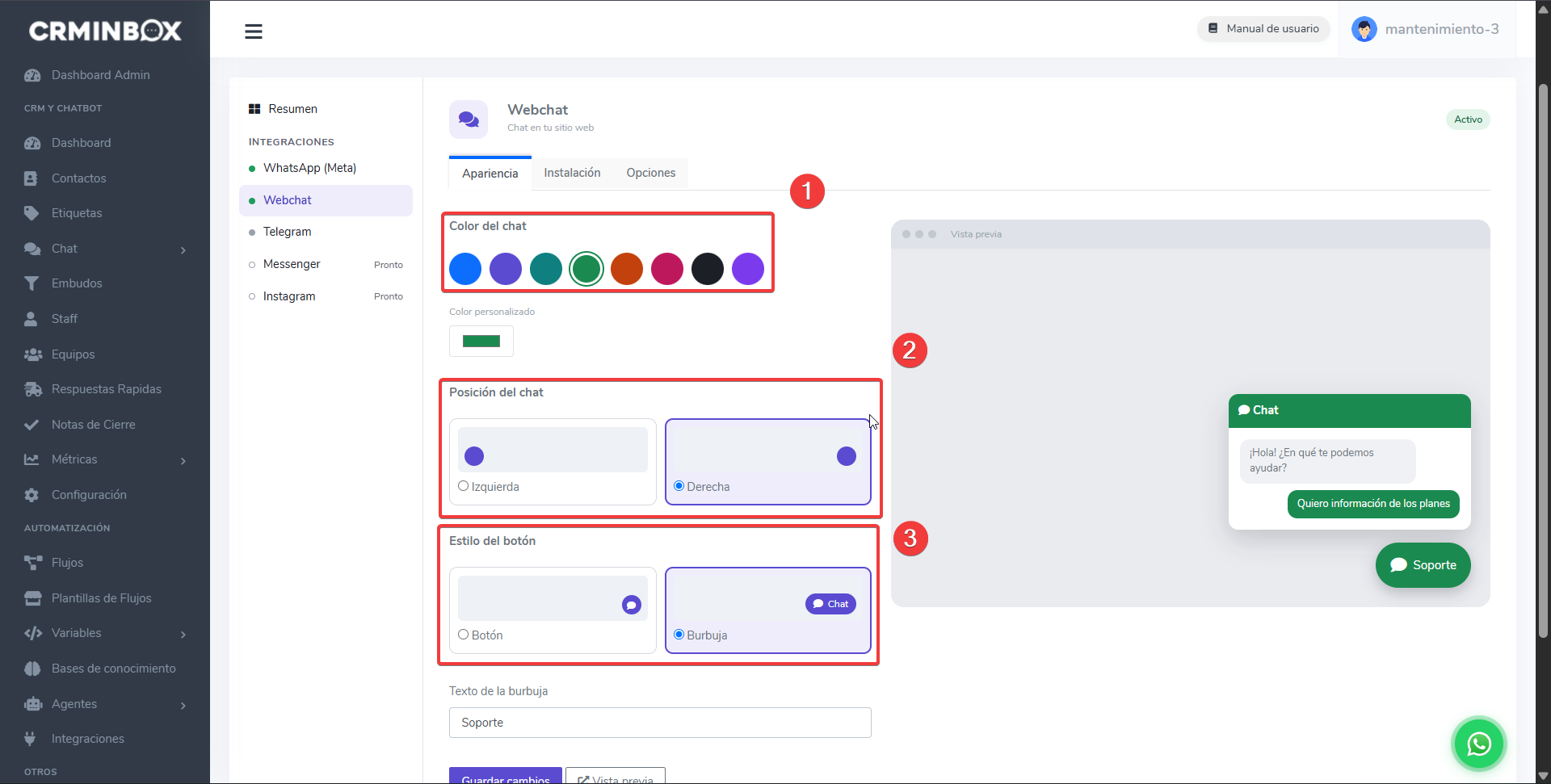 Pestaña Apariencia: color, posición y estilo del botón del Webchat