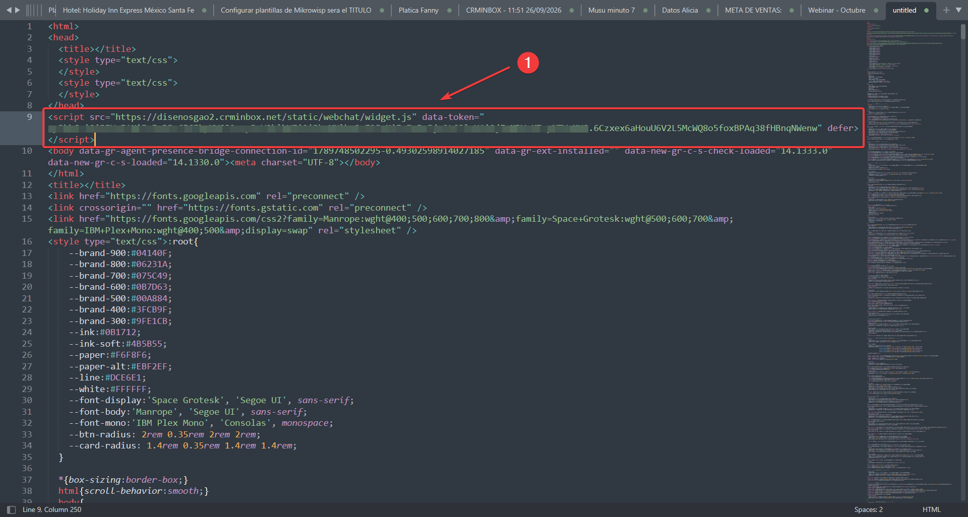 Código del Webchat pegado en el HTML del sitio