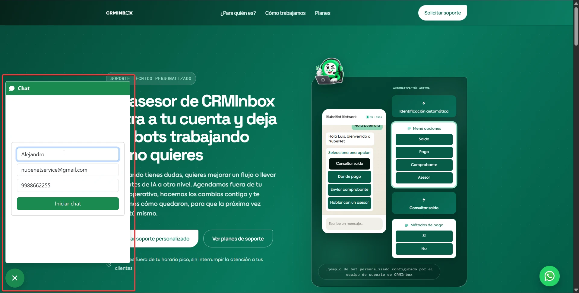 Formulario del Webchat: nombre, correo y teléfono