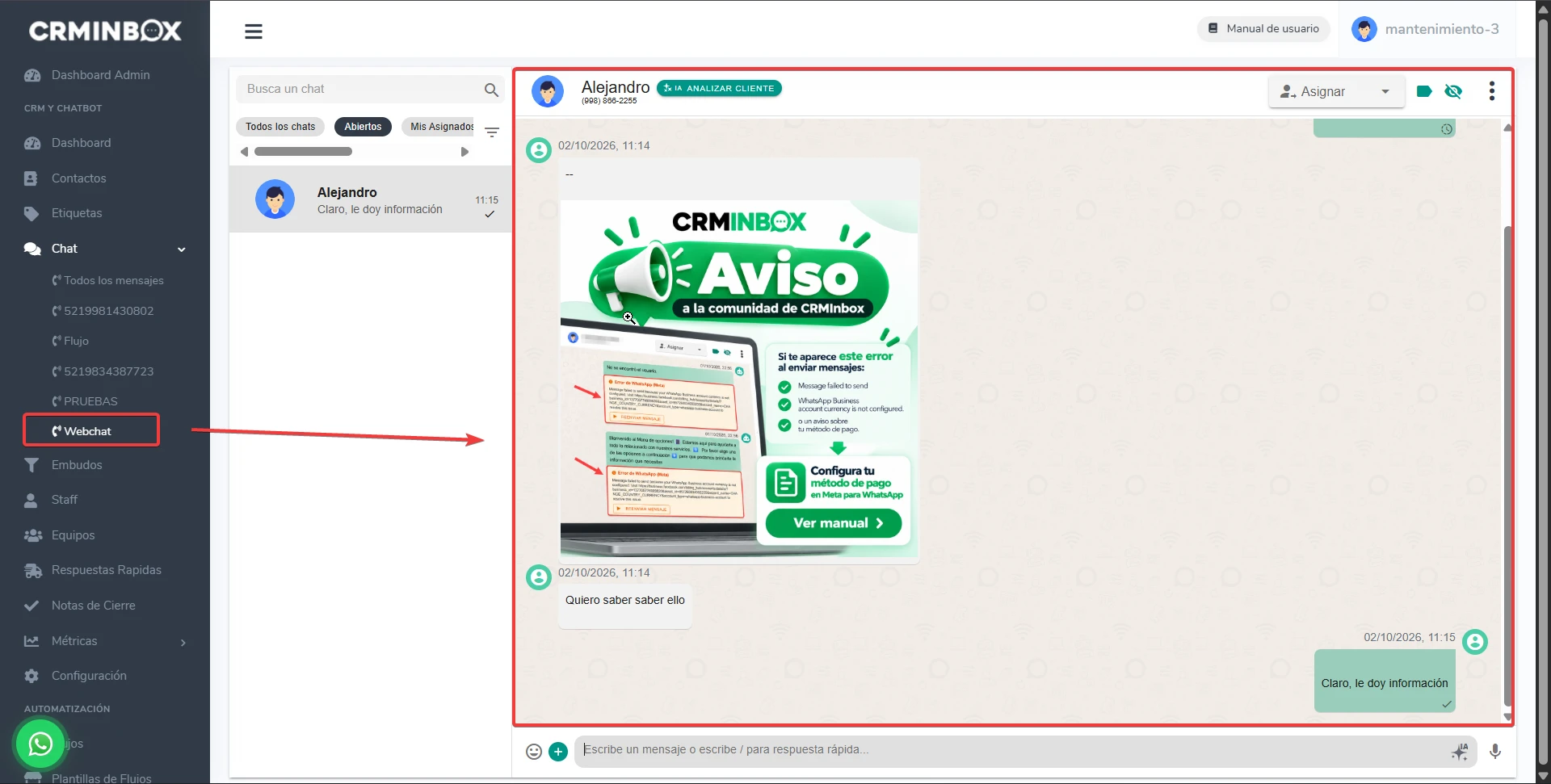 Canal Webchat dentro de Chat en CRMInbox