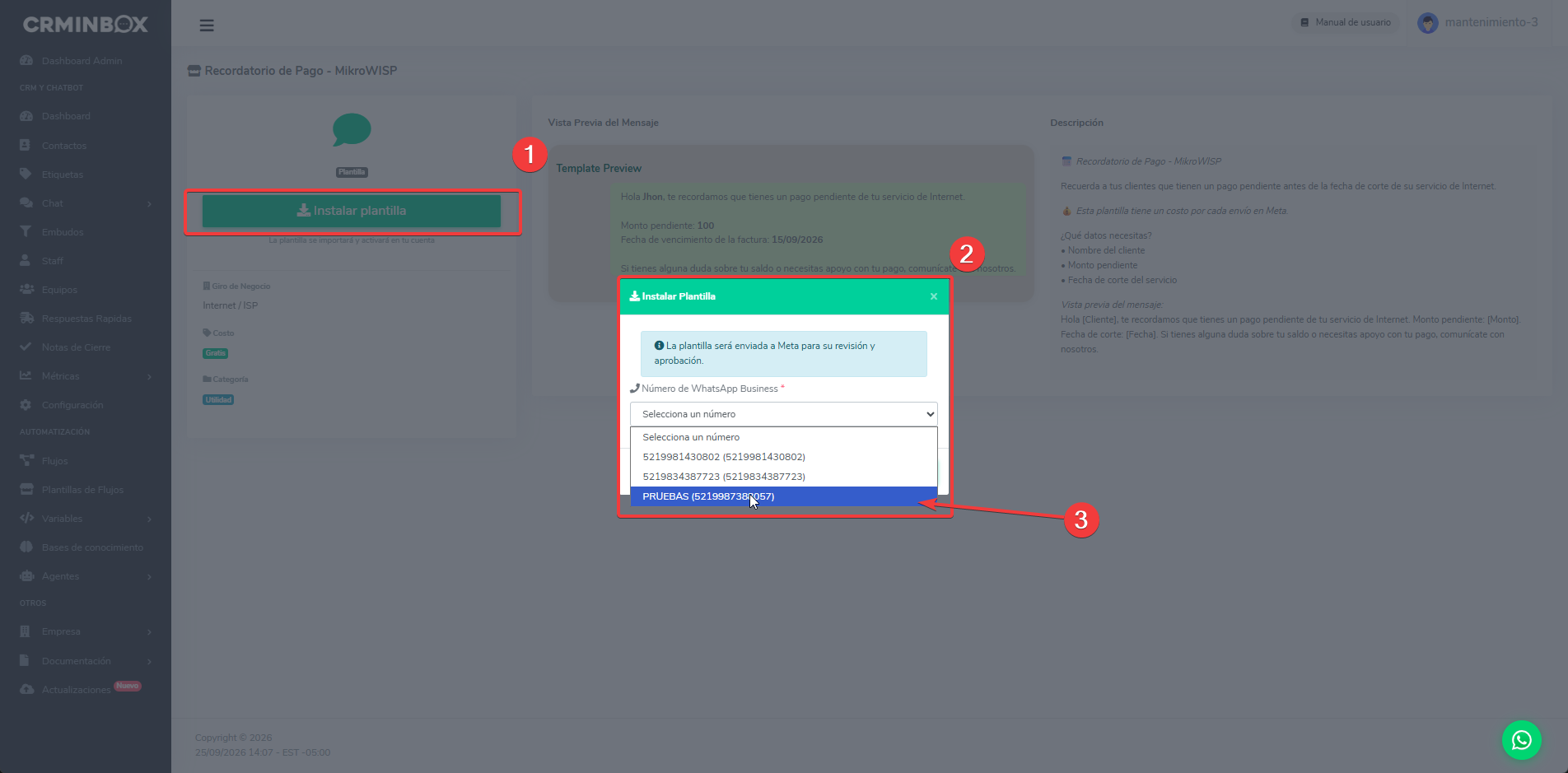 Ventana Instalar plantilla con el selector de dispositivo de WhatsApp Business