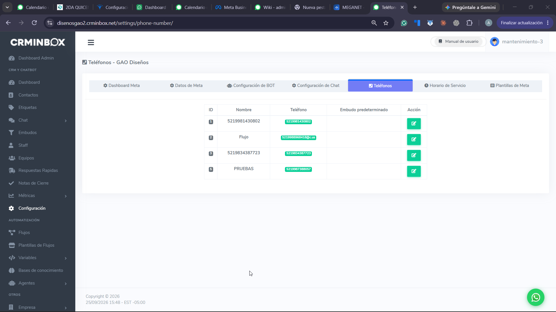 Lista de teléfonos en CRMInbox y sus ID