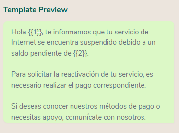 Vista previa de la plantilla de aviso de suspensión en Meta
