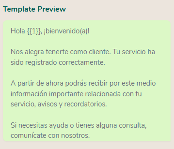 Vista previa de la plantilla de bienvenida de cliente en Meta