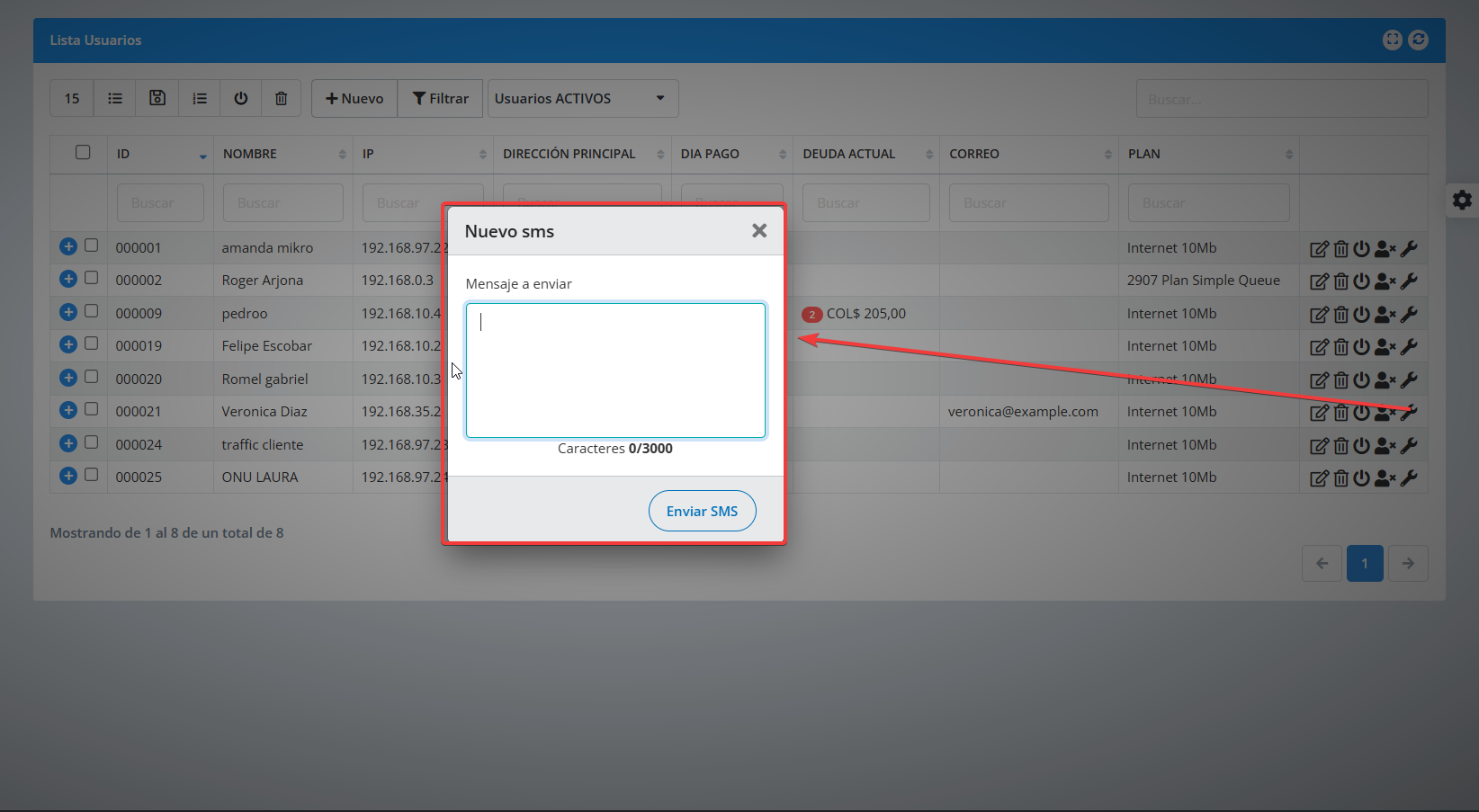 Ventana para escribir y enviar un SMS desde la lista de usuarios de MikroWisp